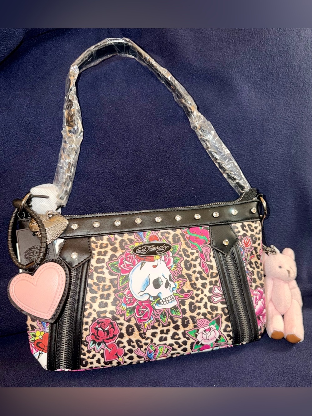 Ed Hardy Black Leopard Print Shoulder Bag with Colorful Skull & Roses